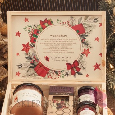Zestawy świąteczne prezentowe z miodami Zestaw malina - jagoda 2 w szkatułce - NATURA - personalizacja Święta Bożego Narodzenia