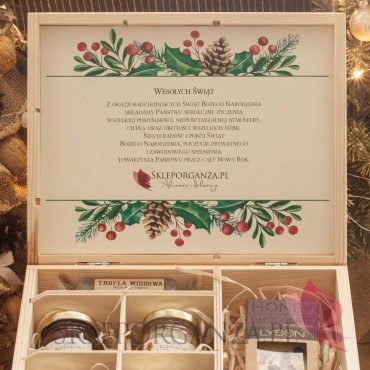 Zestawy świąteczne prezentowe z miodami Zestaw upominkowy duży słodkości w szkatułce 1 - NATURA -personalizacja Święta Bożego...