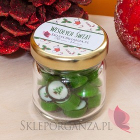 Słodycze świąteczne z LOGO firmy Świąteczne karmelki zielone z choinką w słoiczku – personalizacja