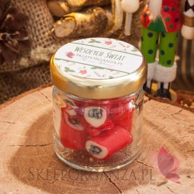 Słodycze świąteczne z LOGO firmy Świąteczne karmelki czerwone z mikołajem w słoiczku – personalizacja