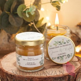 Świeca z wosku pszczelego zapach CYNAMON – personalizacja kolekcja ślubna EUKALIPTUS