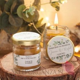 Świeca z wosku pszczelego zapach WANILIA – personalizacja kolekcja ślubna EUKALIPTUS