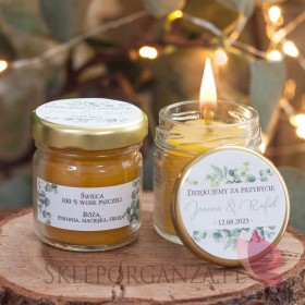 Świeca z wosku pszczelego zapach RÓŻA – personalizacja kolekcja ślubna EUKALIPTUS