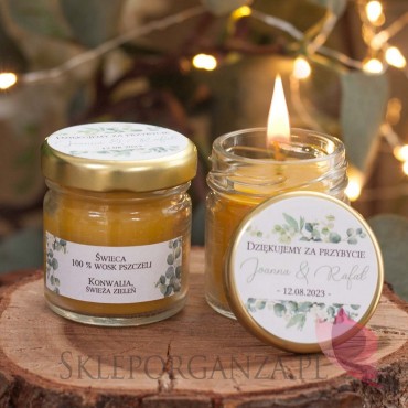 Świeca z wosku pszczelego zapach KONWALIA – personalizacja kolekcja ślubna EUKALIPTUS