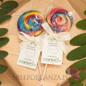 Personalizowane lizaki na wesele Lizak okrągły multikolor - personalizacja - kolekcja ślubna EUKALIPTUS