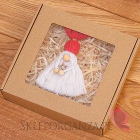 Elf z makramy czerwony w ozdobnym pudełku Makramowe prezenty świąteczne