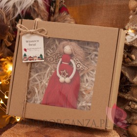 Makramowe prezenty świąteczne Anioł z makramy czerwony w ozdobnym pudełku – personalizacja Święta Bożego Narodzenia