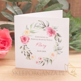 Zaproszenie Komunia - personalizacja Kolekcja Kwiaty Ciemny Róż Wianek