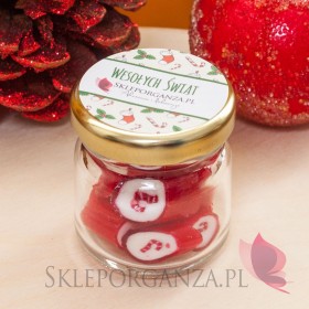 Świąteczne karmelki czerwone z laską w słoiczku – personalizacja Karmelki świąteczne