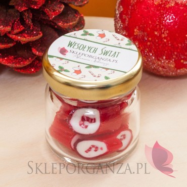 Słodycze świąteczne z LOGO firmy Świąteczne karmelki czerwone z laską w słoiczku – personalizacja
