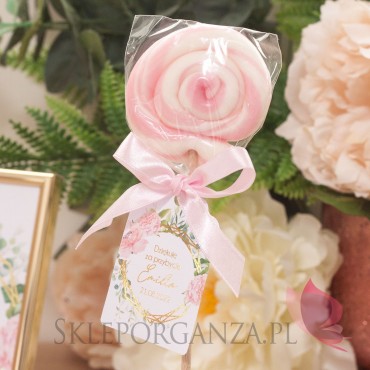 Lizak okrągły różowy z bilecikiem - personalizacja kolekcja GEOMETRYCZNA GOLD RÓŻ KWIATY