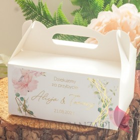 Pudełko na ciasto białe – personalizacja kolekcja ślubna GEOMETRYCZNA GOLD RÓŻ KWIATY