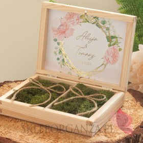 Drewniane pudełko na obrączki mech - personalizacja kolekcja ślubna GEOMETRYCZNA GOLD RÓŻ KWIATY